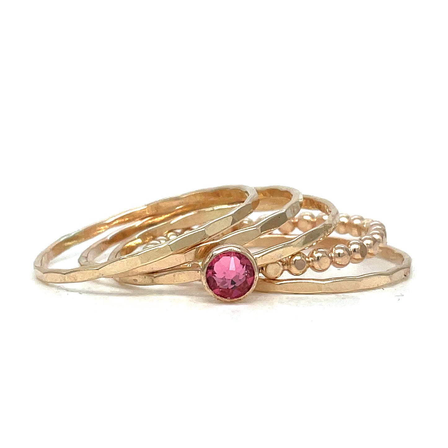Stacking Ring Set | Gold-filled | Mixed Textures with Pink Tourmaline Crystal Solitaire
