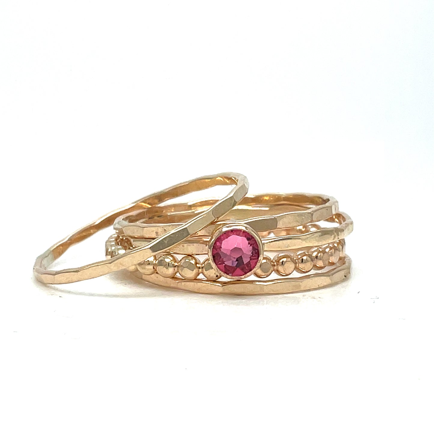 Stacking Ring Set | Gold-filled | Mixed Textures with Pink Tourmaline Crystal Solitaire