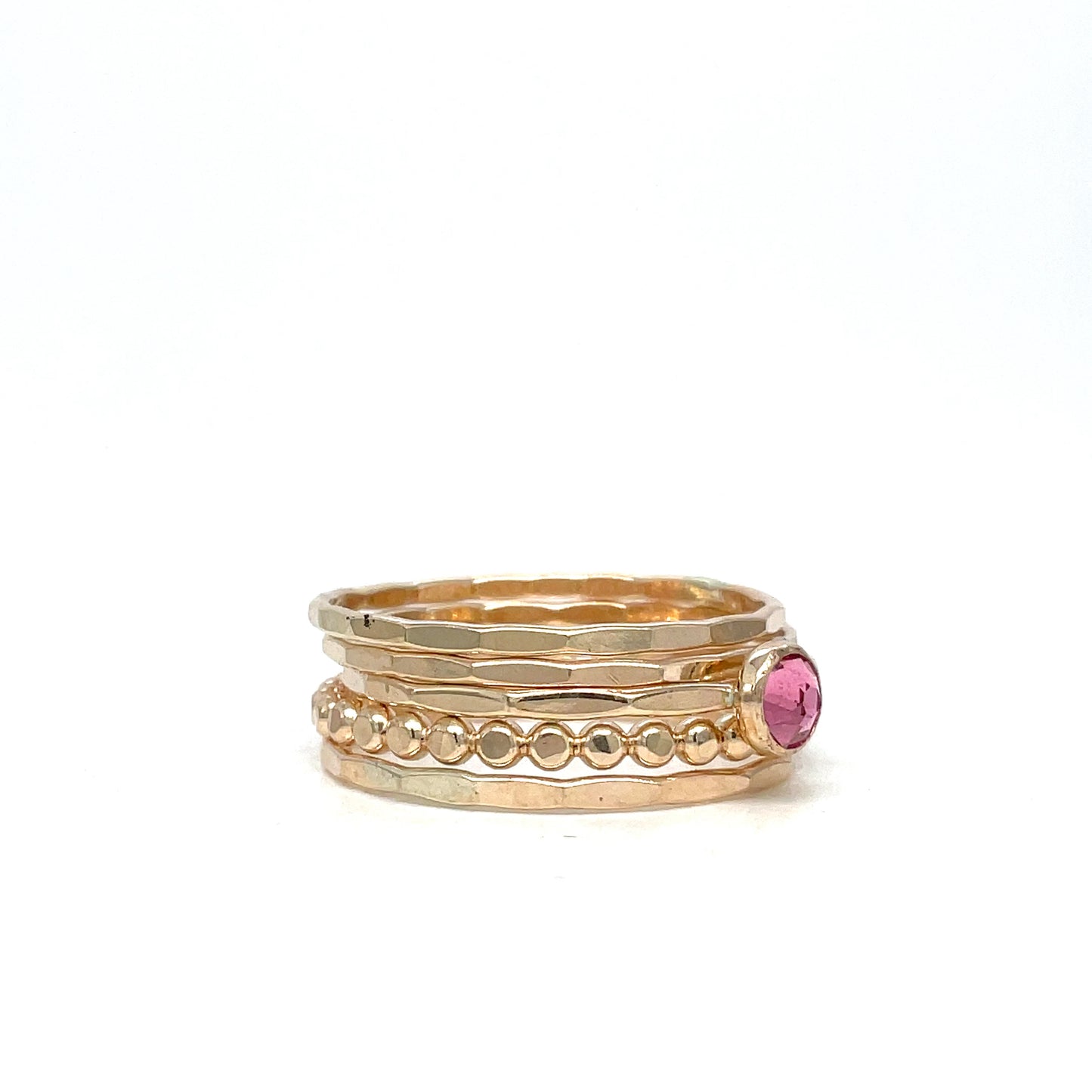 Stacking Ring Set | Gold-filled | Mixed Textures with Pink Tourmaline Crystal Solitaire