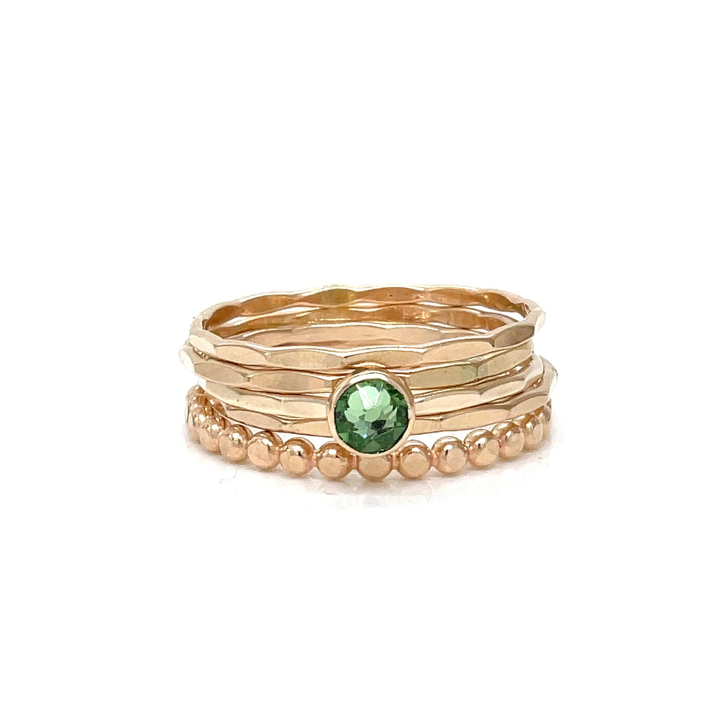 Stacking Ring Set | Gold-filled | Mixed Textures with Peridot Crystal Solitaire