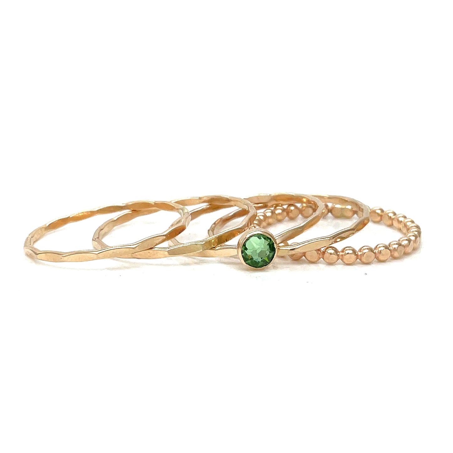 Stacking Ring Set | Gold-filled | Mixed Textures with Peridot Crystal Solitaire