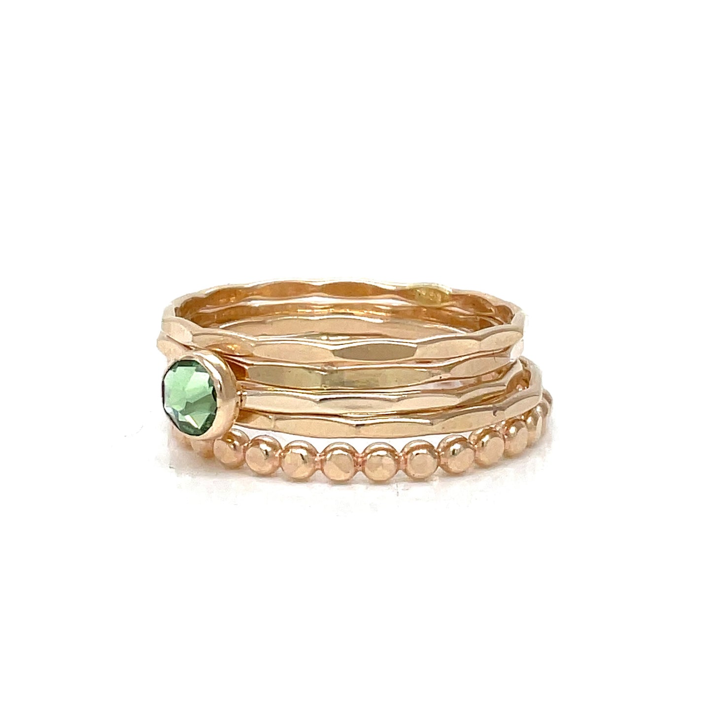 Stacking Ring Set | Gold-filled | Mixed Textures with Peridot Crystal Solitaire