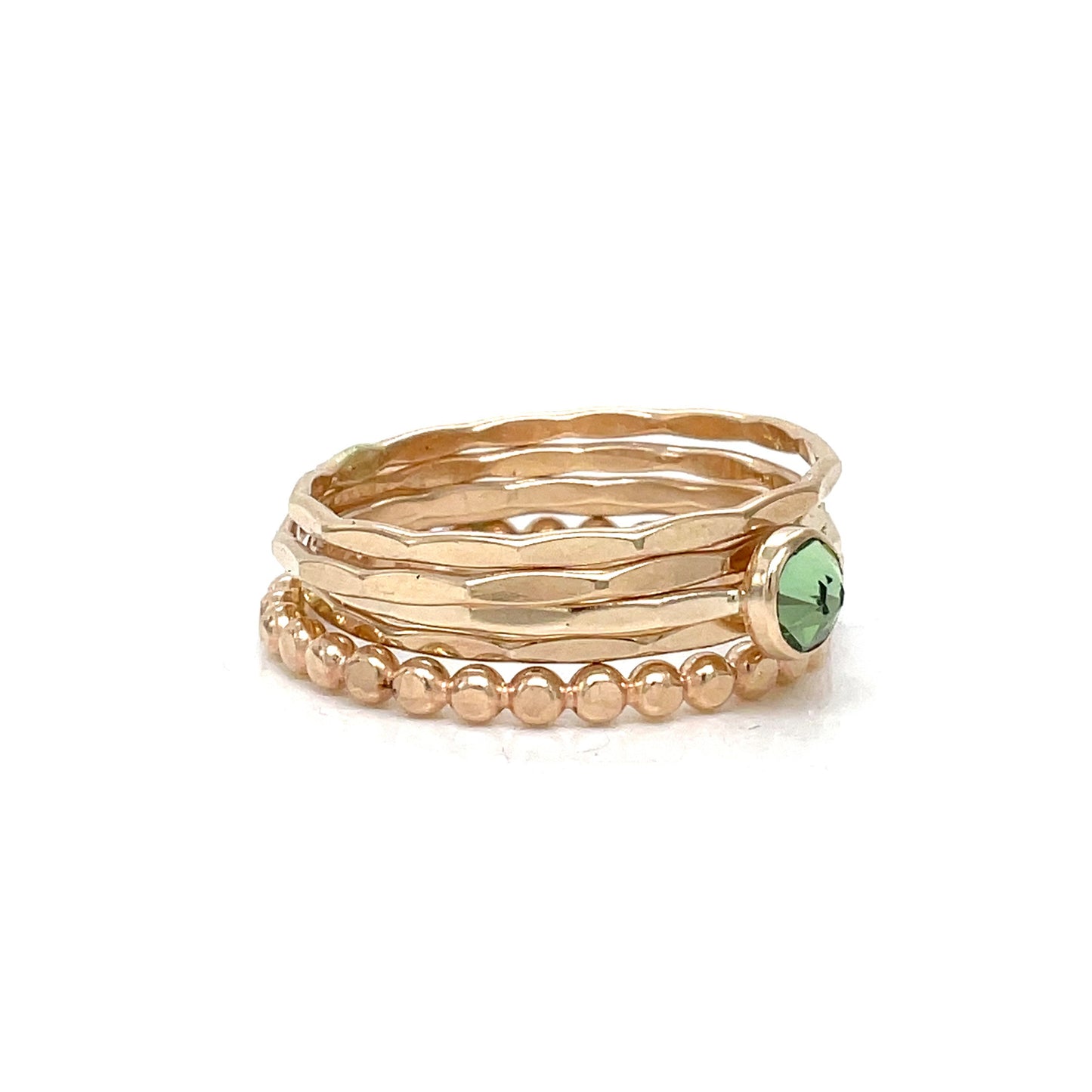 Stacking Ring Set | Gold-filled | Mixed Textures with Peridot Crystal Solitaire