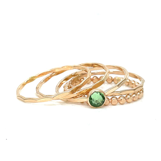 Stacking Ring Set | Gold-filled | Mixed Textures with Peridot Crystal Solitaire