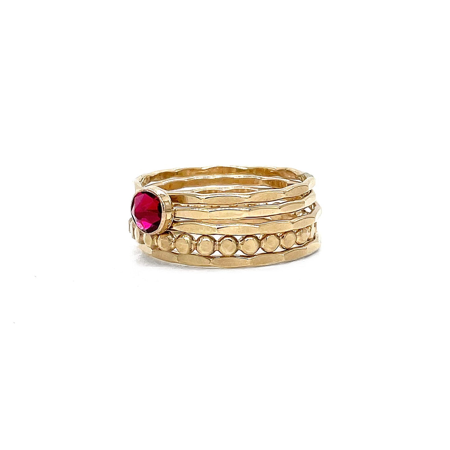 Stacking Ring Set | Gold-filled | Mixed Textures with Ruby Crystal Solitaire