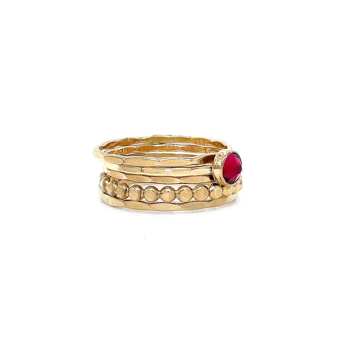 Stacking Ring Set | Gold-filled | Mixed Textures with Ruby Crystal Solitaire