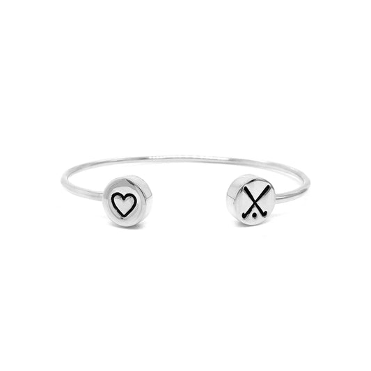 Handcrafted Heart and Field Hockey Double Charm Cuff – Brass or Sterling Silver, Adjustable Bracelet