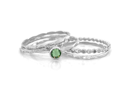 Stacking Ring Set | Silver | Mixed Textures with Peridot Crystal Solitaire