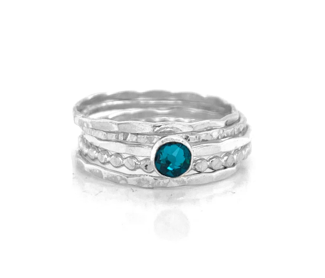 Stacking Ring Set | Silver | Mixed Textures with Blue Zircon Crystal Solitaire