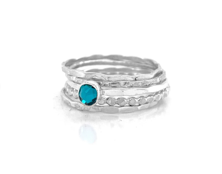 Stacking Ring Set | Silver | Mixed Textures with Blue Zircon Crystal Solitaire
