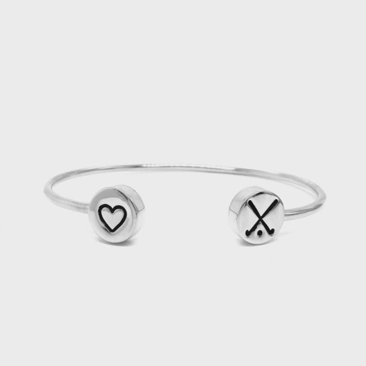Handcrafted Heart and Field Hockey Double Charm Cuff – Brass or Sterling Silver, Adjustable Bracelet